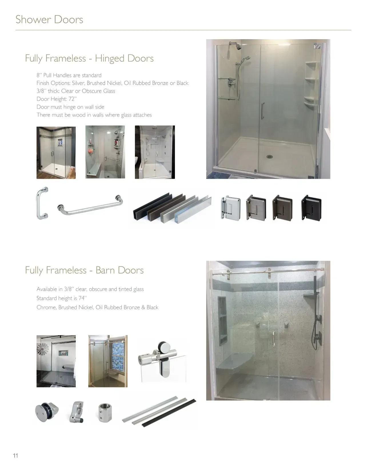 Shower door catalog page showing framed and frameless hinged and barn doors with hardware options.