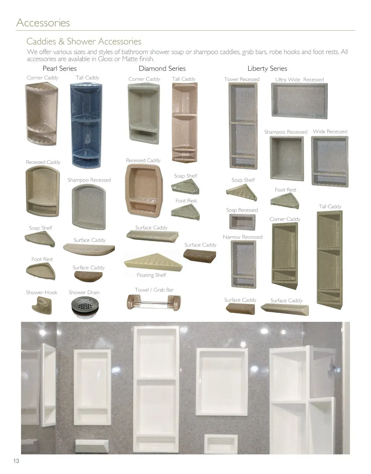 Shower niches and shelves in various shapes and colors, displayed on a page.