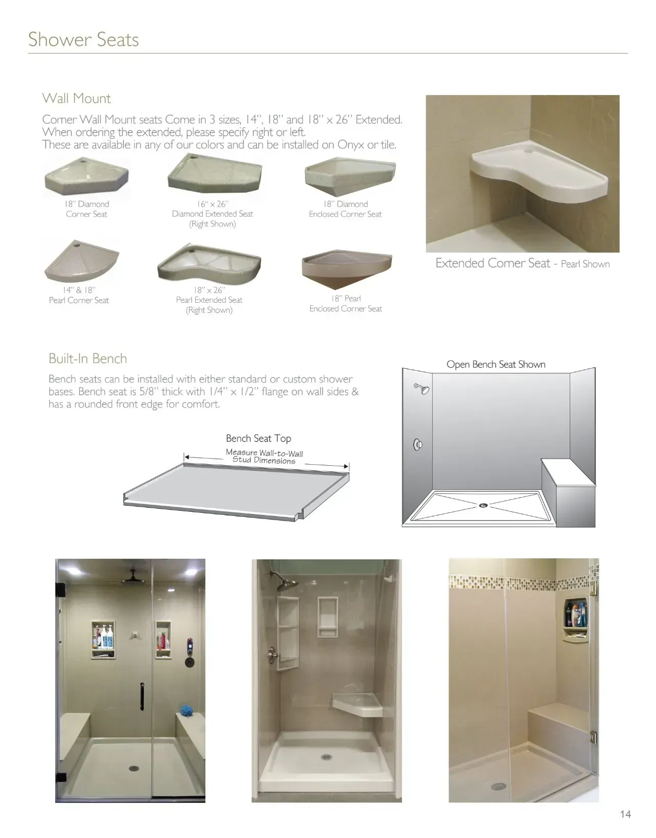 Shower seats in various shapes and shower stall examples.