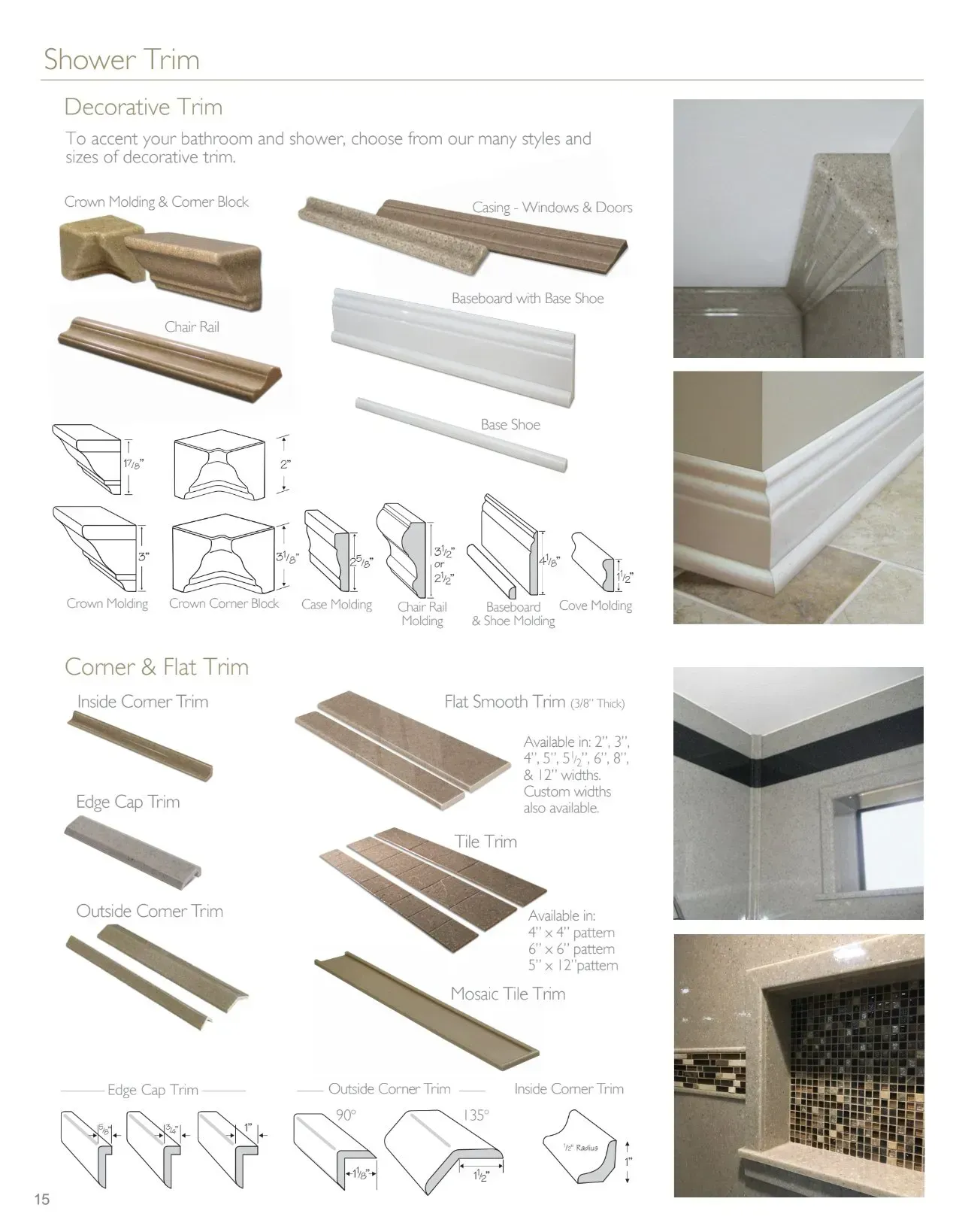 Shower tile product catalog page with product photos and diagrams.