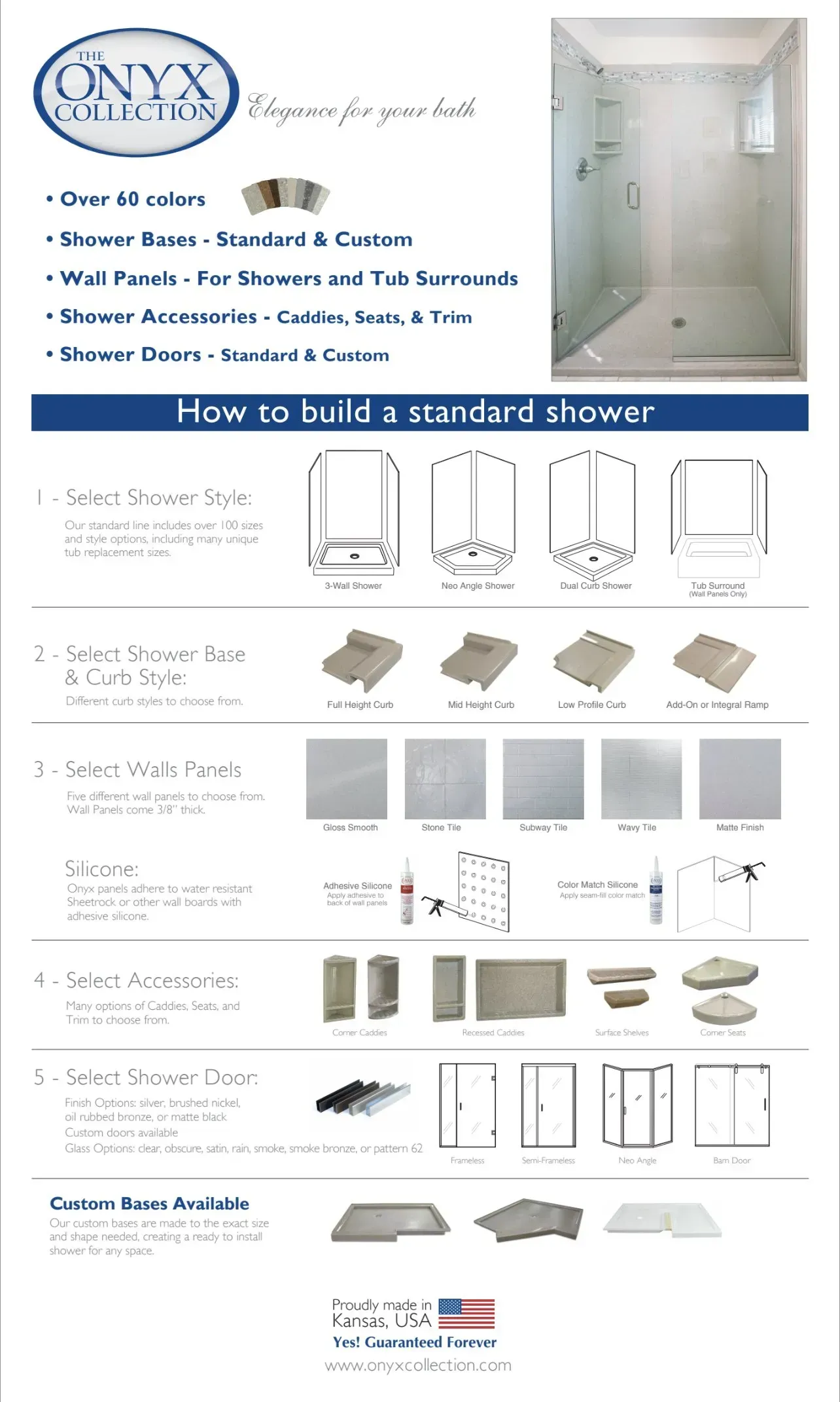 Onyx shower construction guide with product illustrations and a finished shower example.