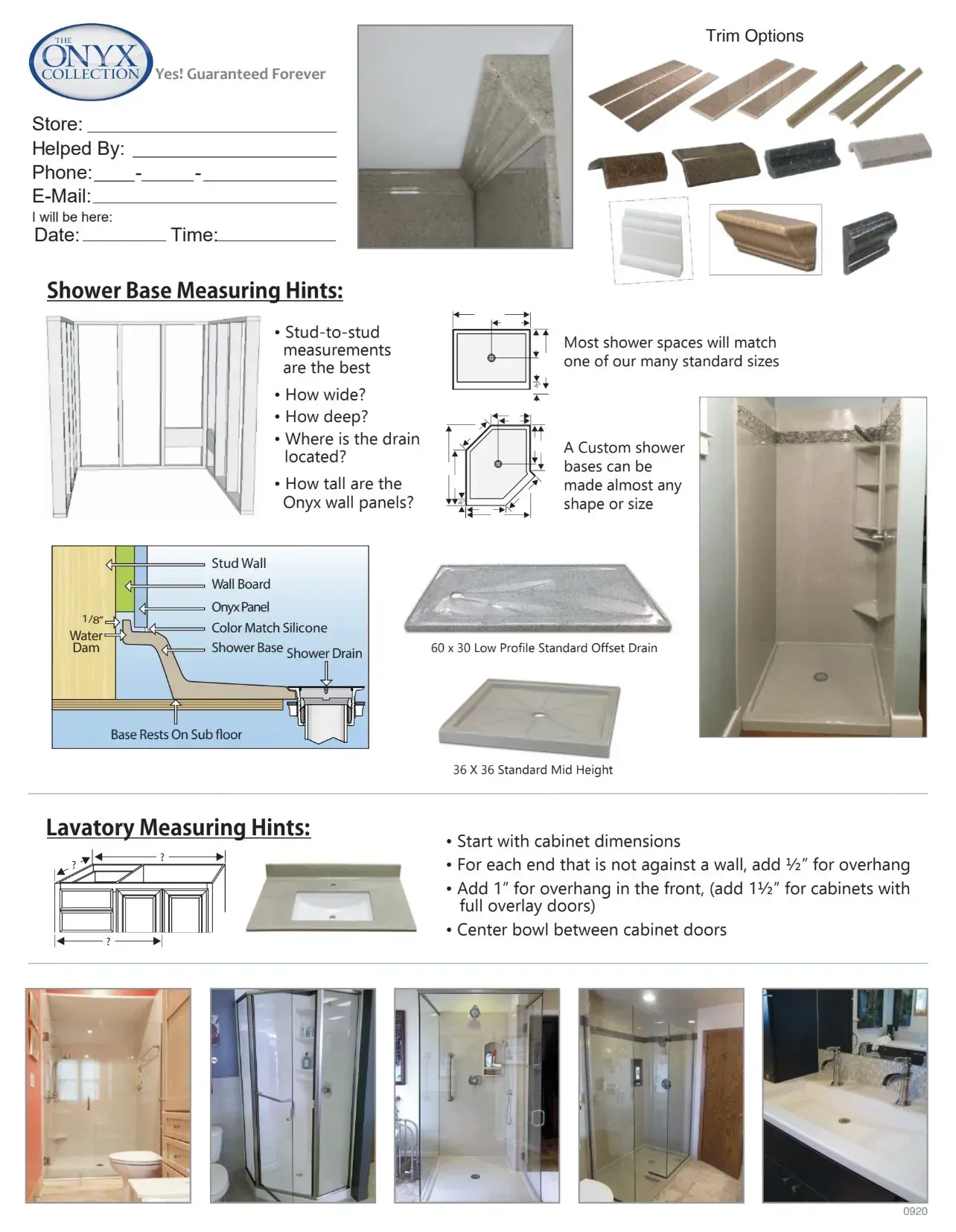 Shower and countertop samples with diagrams, and example installations.