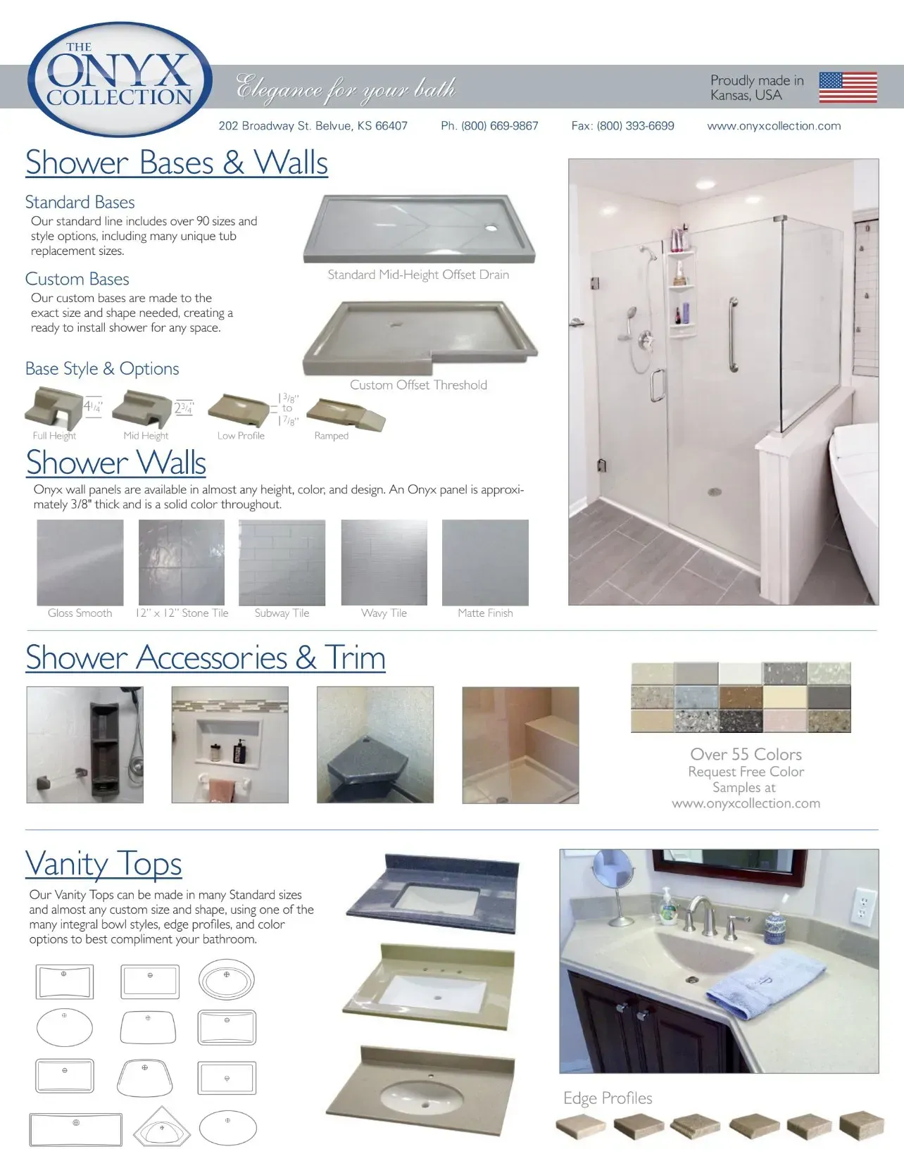 Onyx Collection product page with shower bases, walls, accessories, trim, and vanity tops.