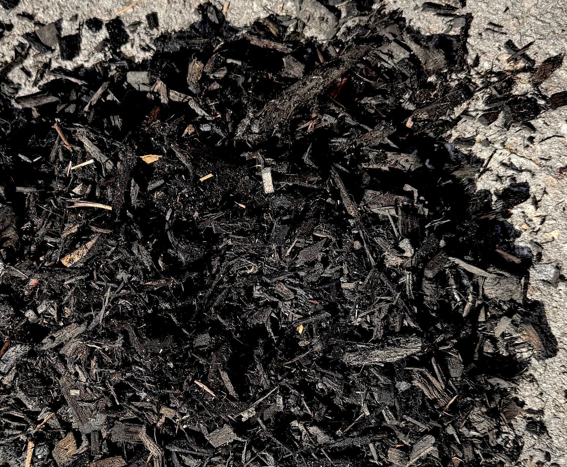 Pile of dark, shredded mulch on a concrete surface.