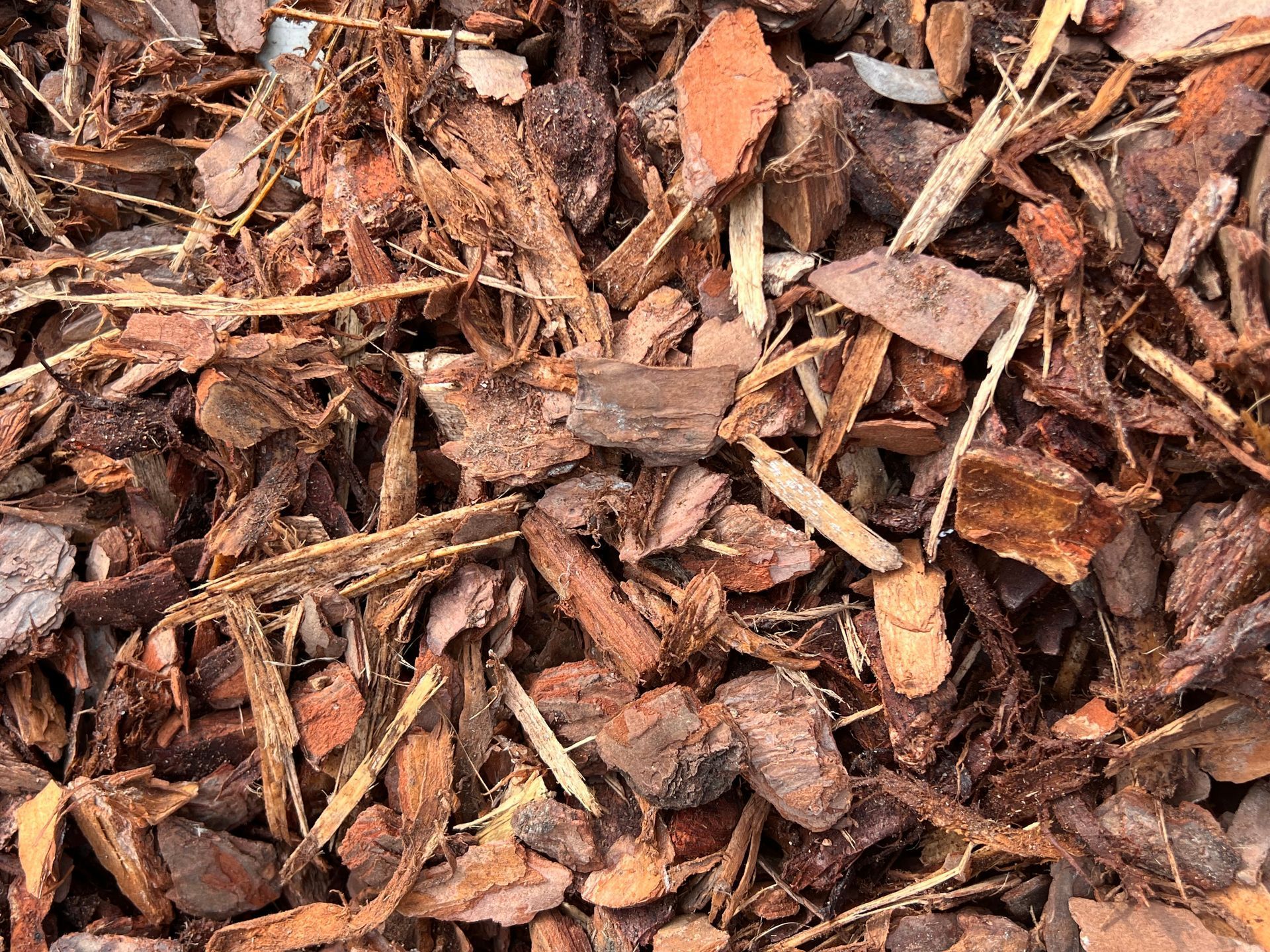 A close-up view of brown wood bark mulch chips with varied textures and shapes.