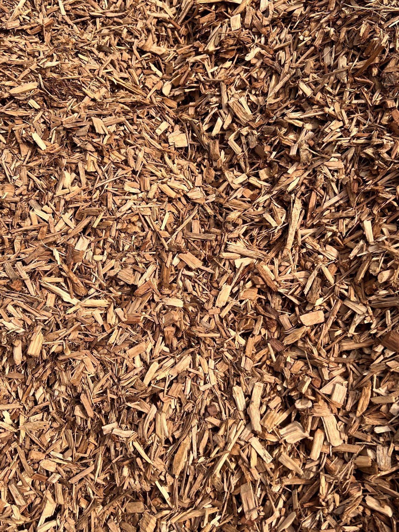 A close-up of light brown wood mulch chips covering the ground.