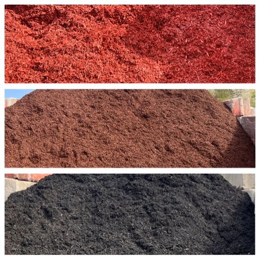 Three piles of mulch: red, brown, and black, likely for landscaping.