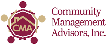 Community Management Advisors, Inc. logo with maroon house and CMA emblem on beige circles