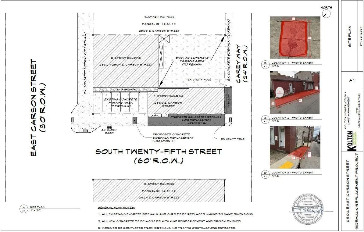 Site plan showing construction details and sidewalk closure photos for the intersection of E. Carson and S. 25th Street.