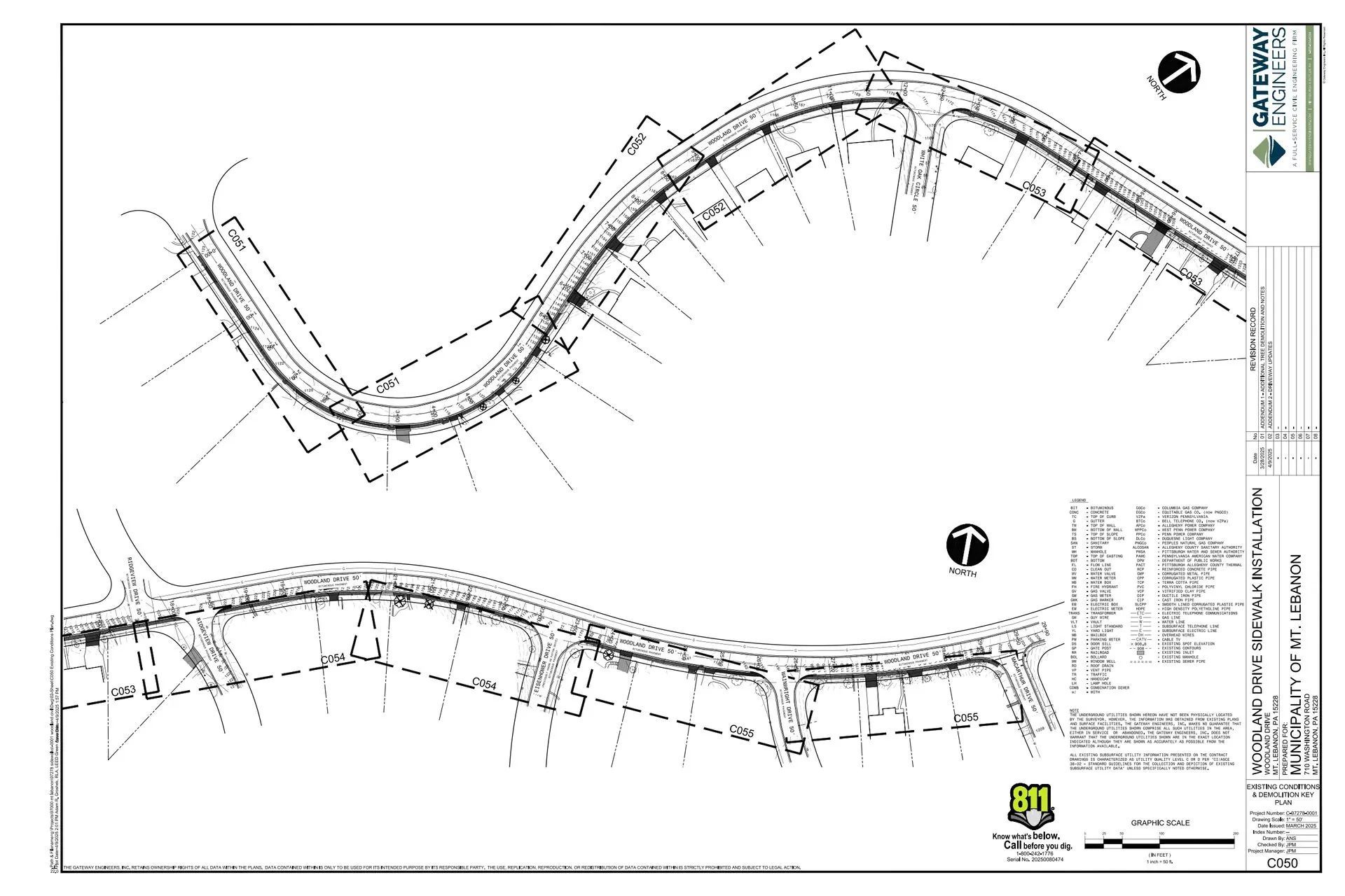 Engineering plan drawing showing two segments of a curved road layout with property boundaries and construction details.