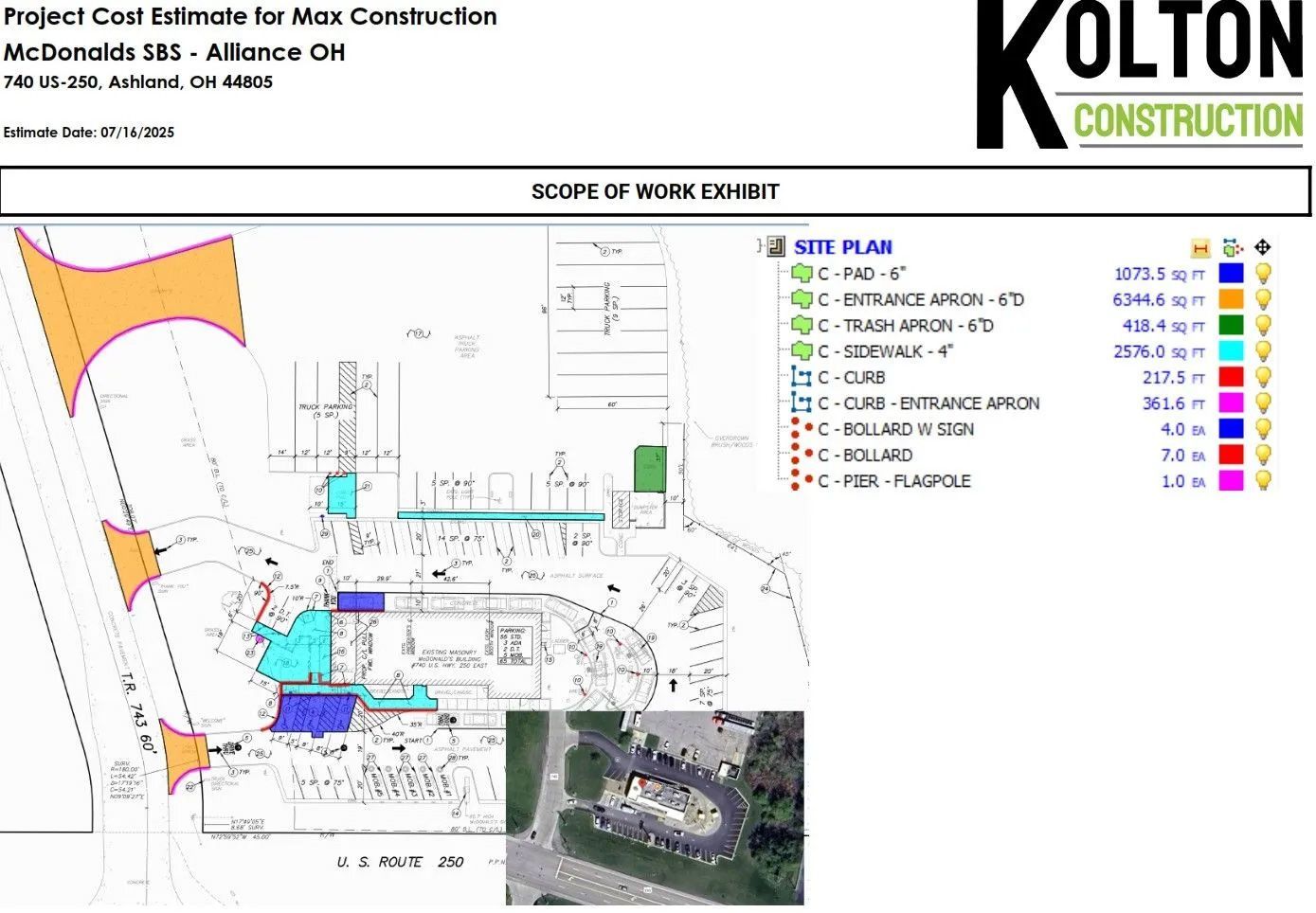 A project cost estimate document by Kolton Construction for a McDonald's site plan showing areas, pavement, and structures.
