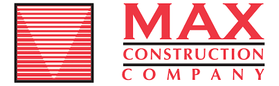 MAX Construction Company logo with red striped square icon and red text on white background