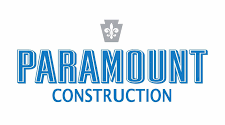 Paramount Construction logo with blue text and a gray fleur-de-lis emblem