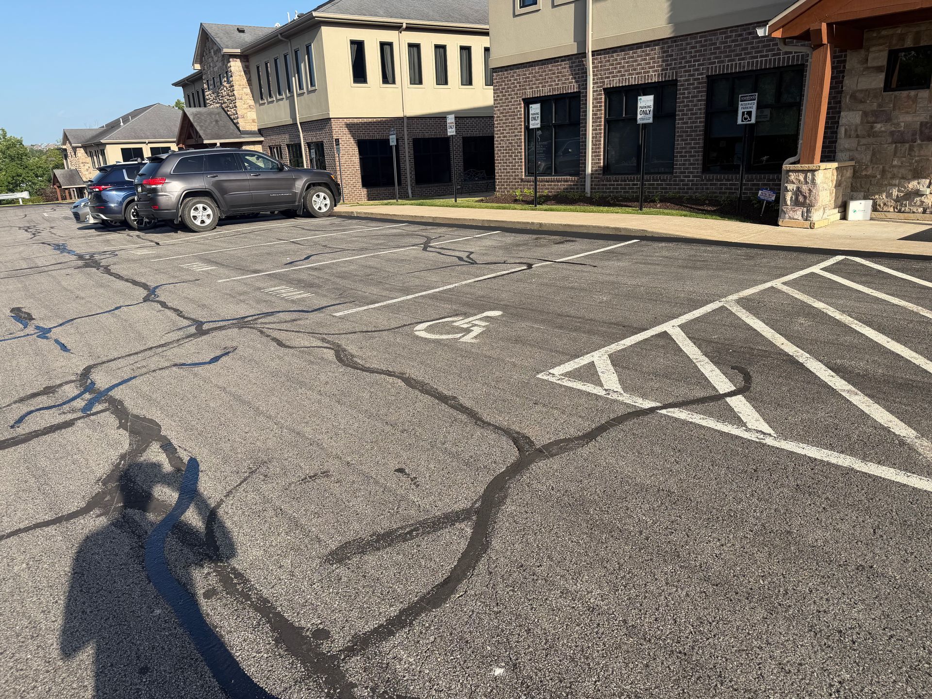 Empty parking lot outside a shopping center with a few parked cars and storefronts.