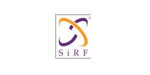 A purple and orange logo for sirf on a white background.
