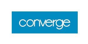 A blue and white logo for converge on a white background.