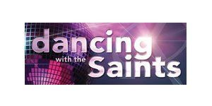 A logo for dancing with the saints with a disco ball in the background.