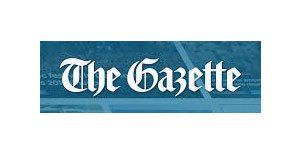 The logo for the gazette newspaper is blue and white.