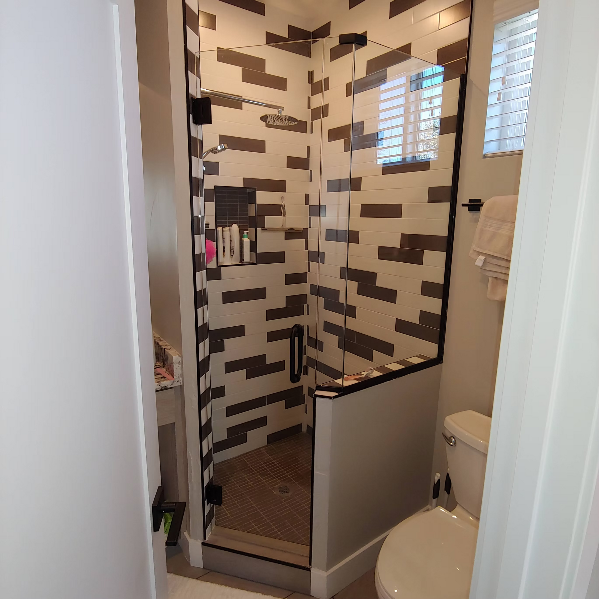 A bathroom with a walk in shower and a toilet