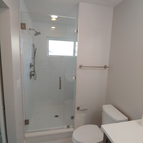 A bathroom with a toilet and a shower with a glass door