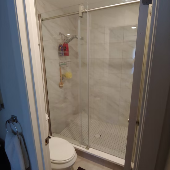 A bathroom with a toilet and a walk in shower