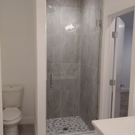 A bathroom with a toilet and a walk in shower.