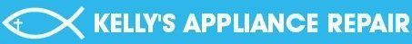 Logo for Kelly's Appliance Repair, with a fish symbol. Text is white on a blue background.