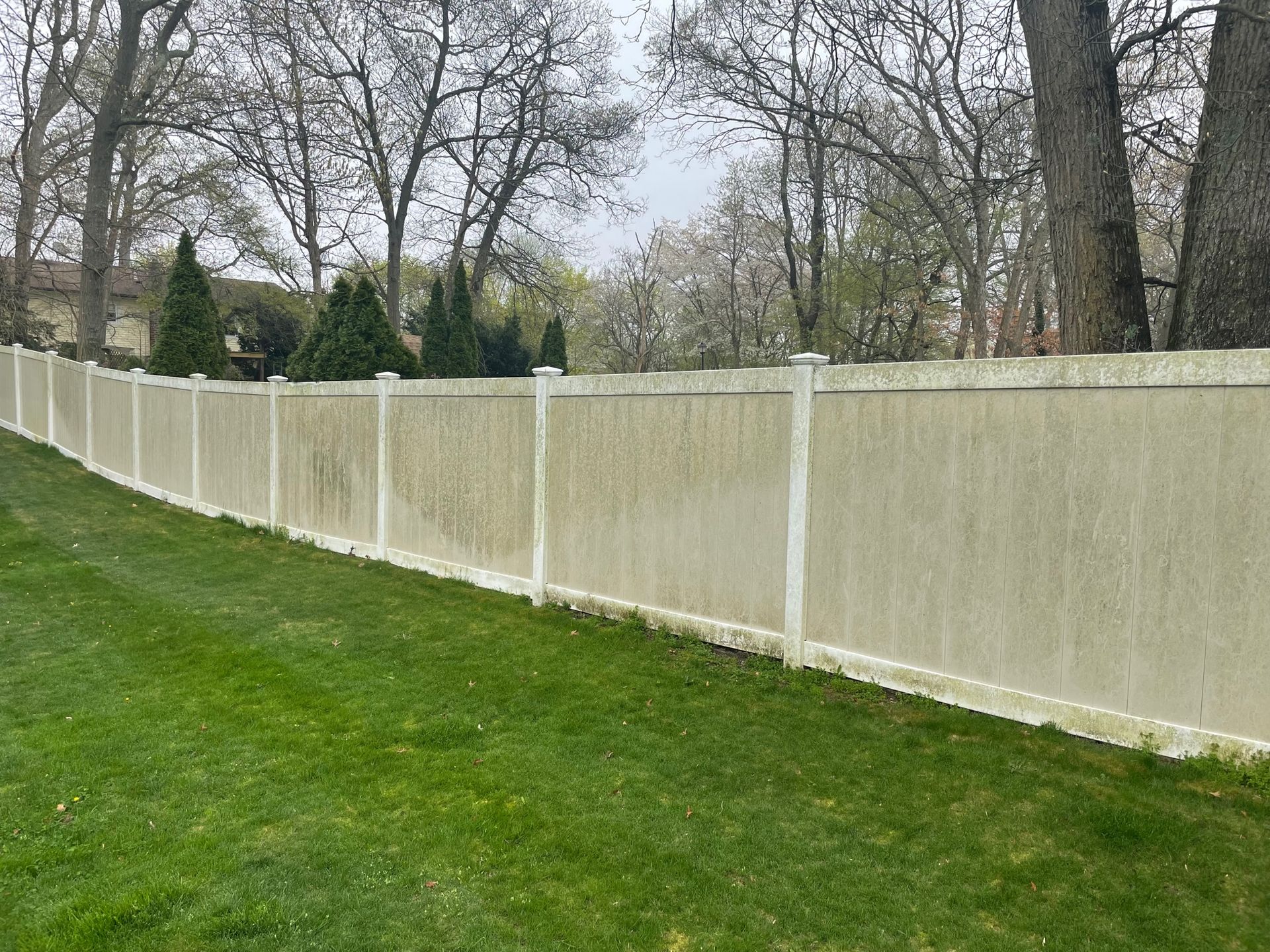 Beige vinyl fence along a green lawn, trees in the background before.