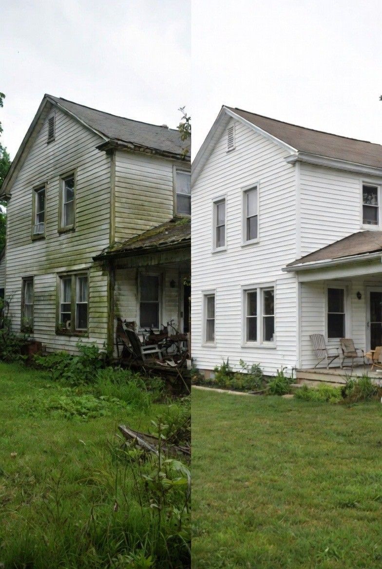Side-by-side view of a weathered gray house and a repaired white house with green lawn and overgrown yard