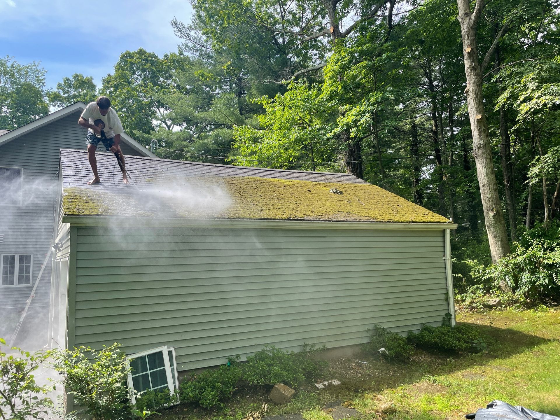 Man power washing moss off a green roof; trees and siding are visible.