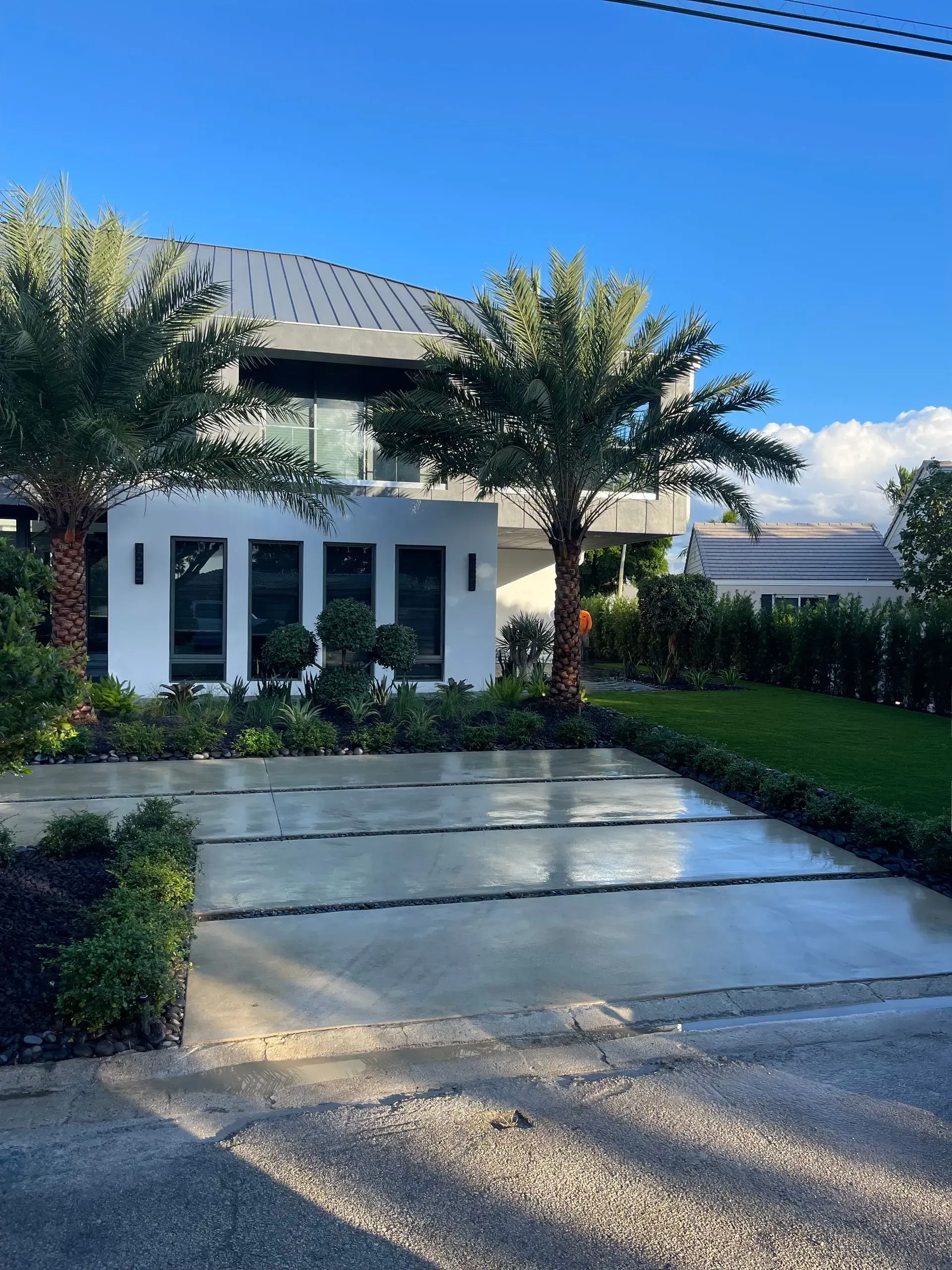 Modern white house with flat roof, palm trees, and concrete driveway under a blue sky.