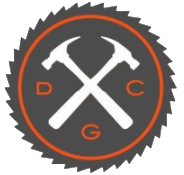 Logo with crossed hammers, saw blade outline, orange and gray. 