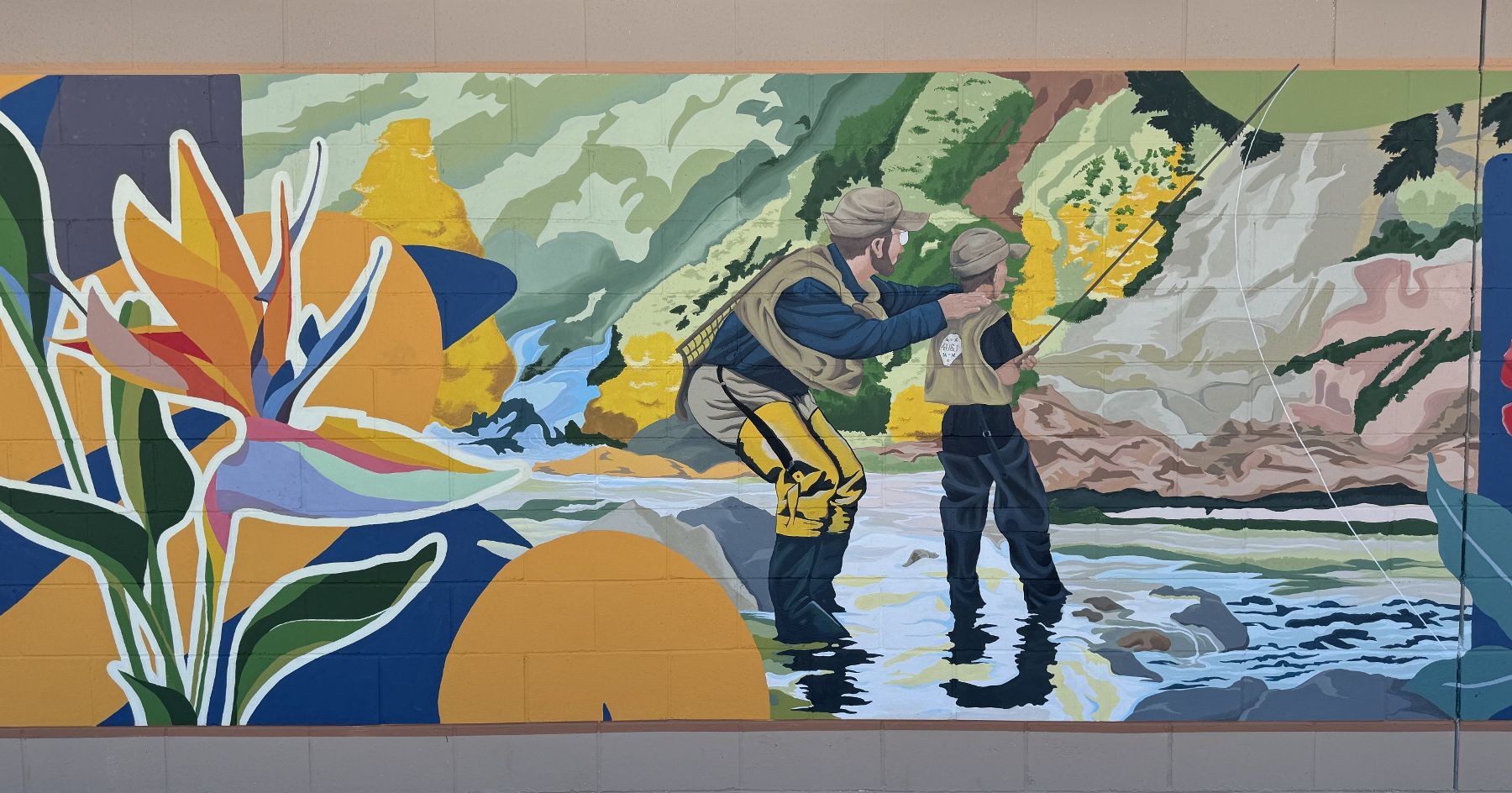 A painting of two people fishing in a river