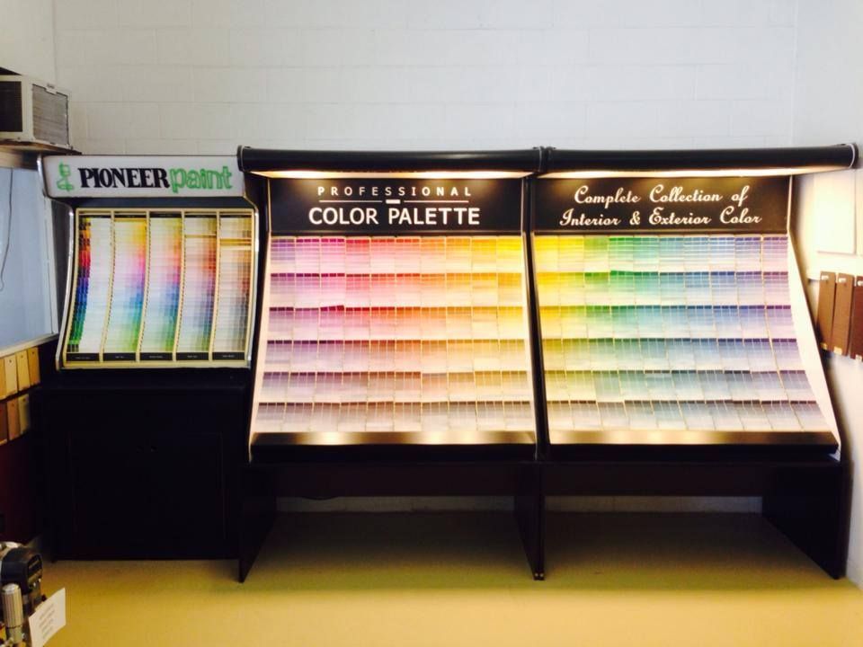 A pioneer paint color palette is displayed in a store