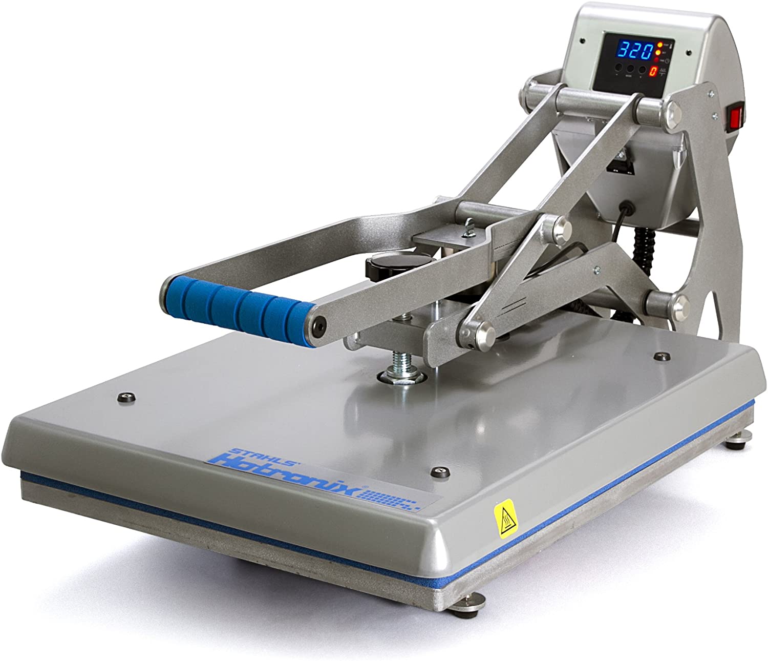 A heat press machine with a blue handle is sitting on a white surface.