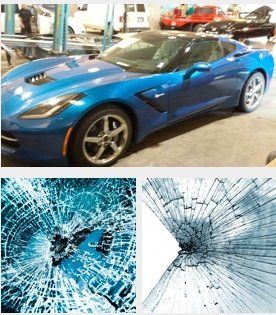blue car with broken glass