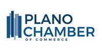 Logo for the Plano Chamber of Commerce featuring blue vertical bars and dark blue text.