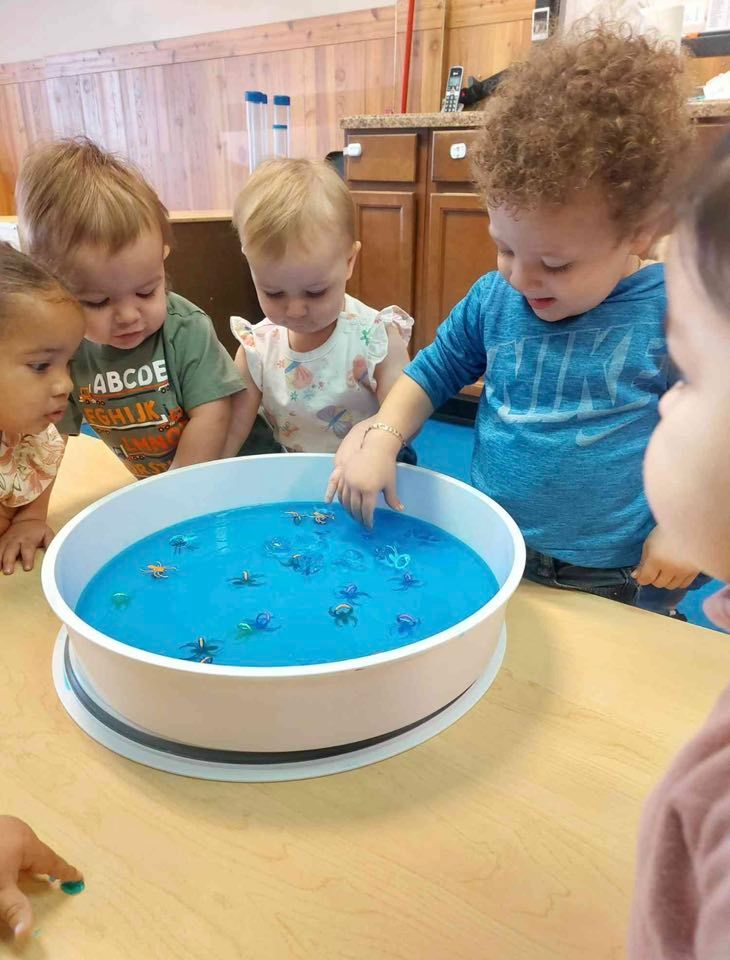 Four toddlers gather around a circular bin filled with blue sensory liquid and small toys, playing together indoors.
