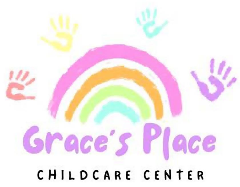 Logo for Grace's Place Childcare Center, featuring a colorful rainbow arch with four handprints surrounding it.