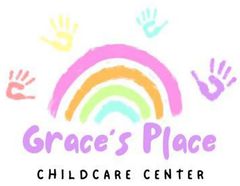 Logo for Grace's Place Childcare Center, featuring a colorful rainbow arch with four handprints surrounding it.