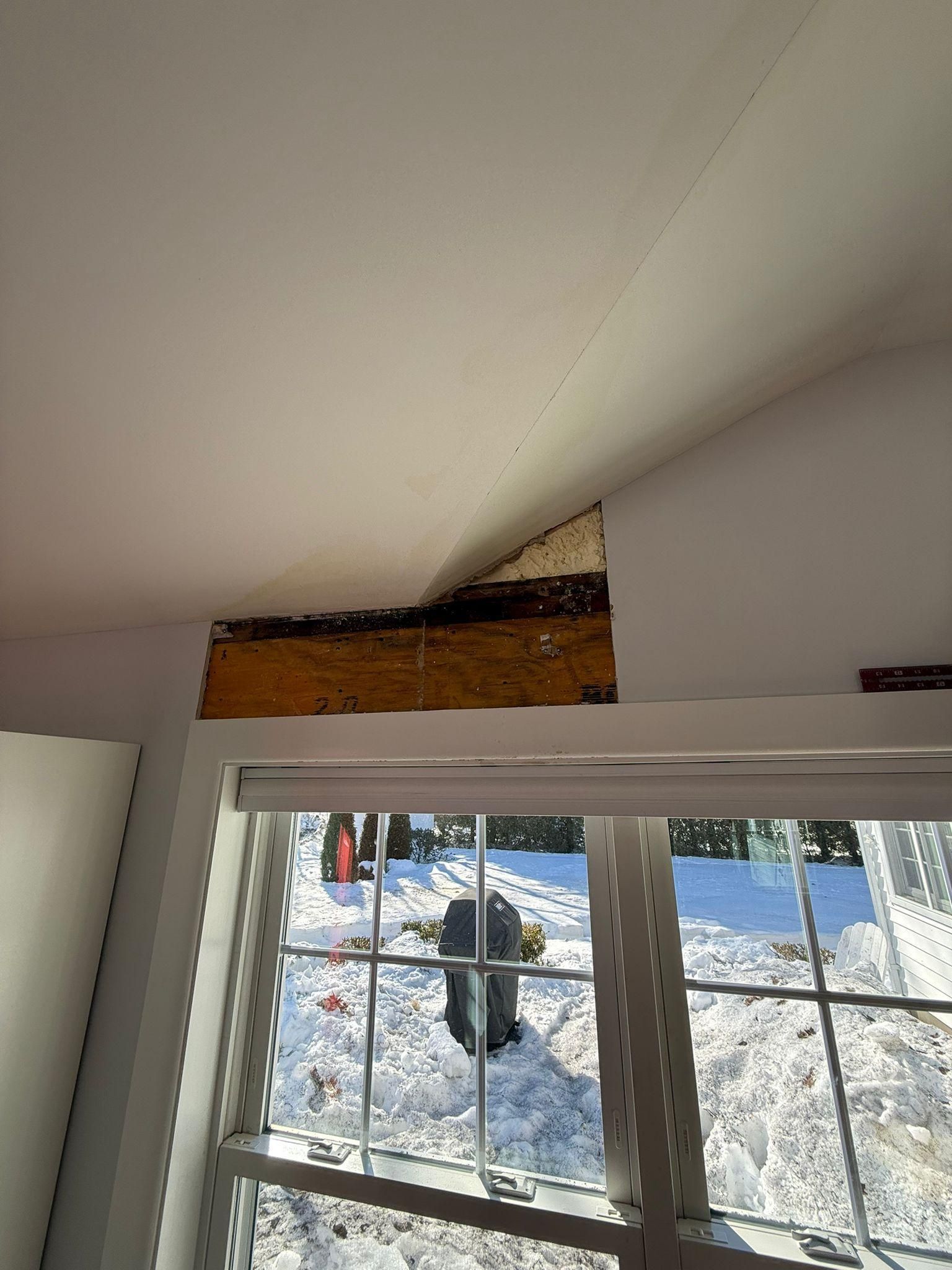 Damaged ceiling above a window with exposed wood and peeling trim, snowy yard visible outside.