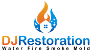DJ Restoration logo with orange and blue flames over a white house; text: “DJ Restoration Water Fire Smoke Mold”