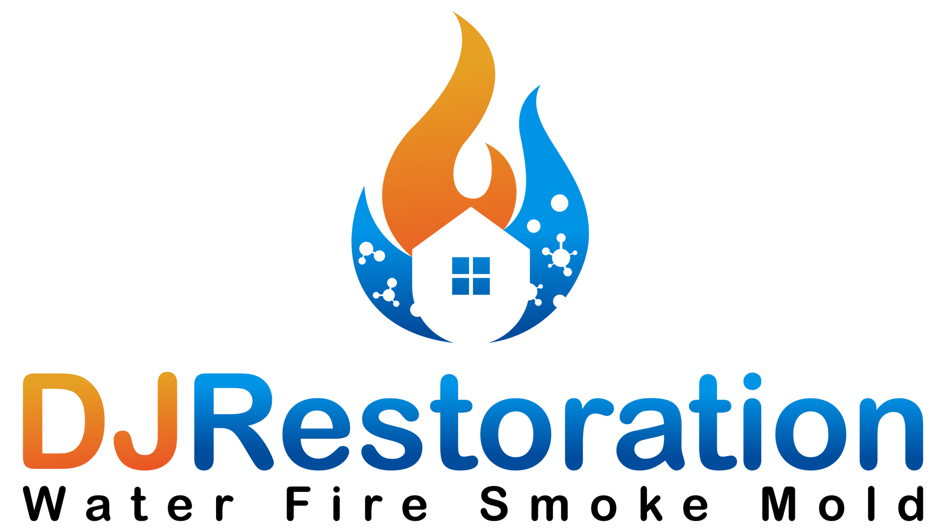 DJ Restoration logo with orange and blue flames over a white house; text: “DJ Restoration Water Fire Smoke Mold”