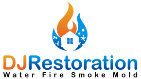 DJ Restoration logo with orange and blue flames over a white house; text: “DJ Restoration Water Fire Smoke Mold”