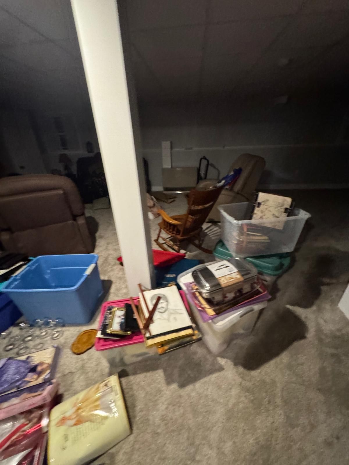 Cluttered living room with piles of books, boxes, and chairs on a carpeted floor