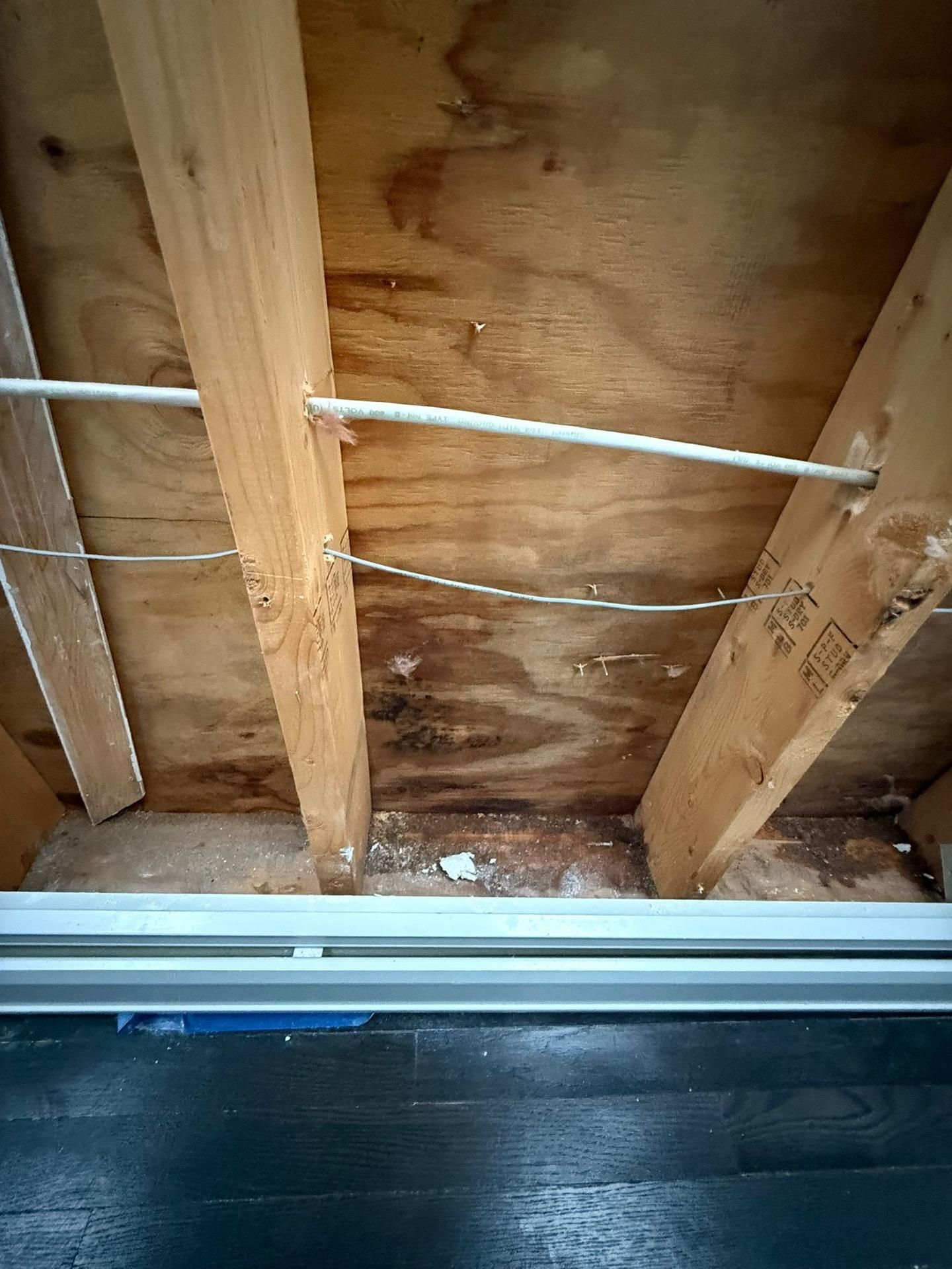Exposed wood framing and plywood wall behind a black floor strip, with a metal rail near the bottom