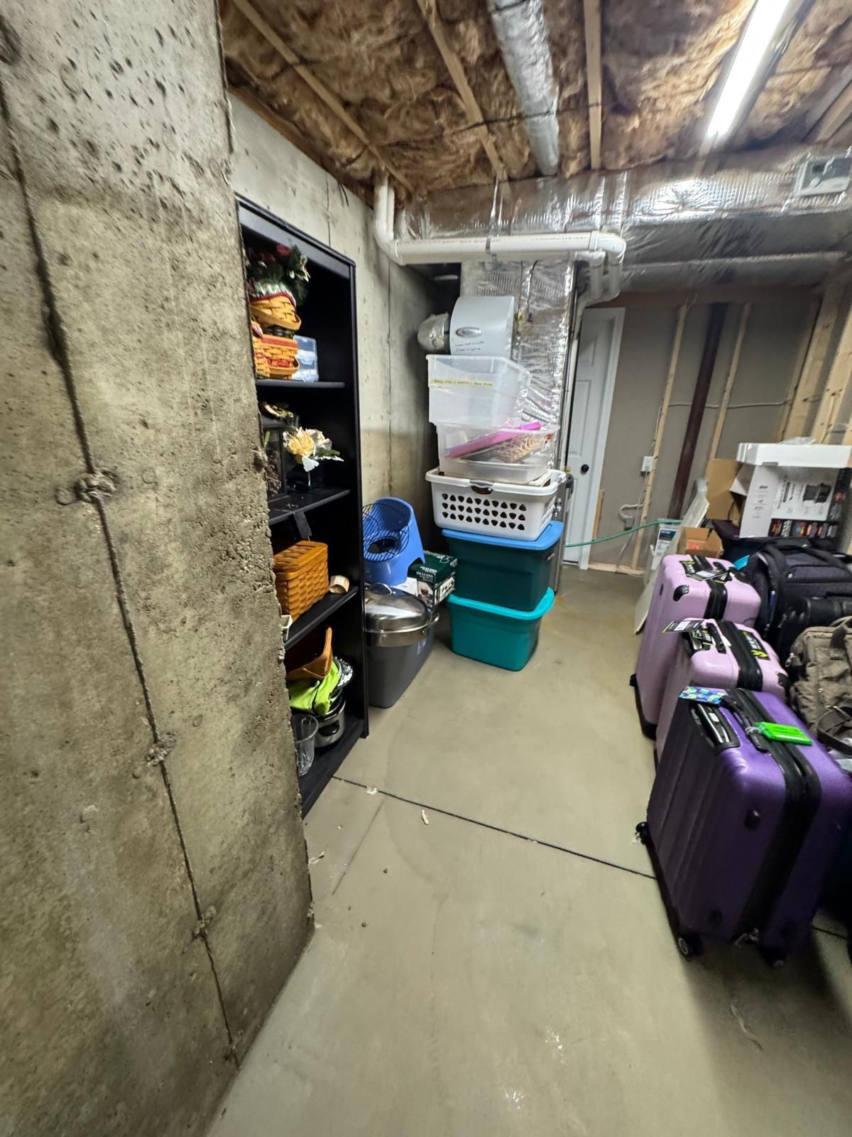 Basement storage room with shelves, ductwork, and several purple suitcases lined along the floor.