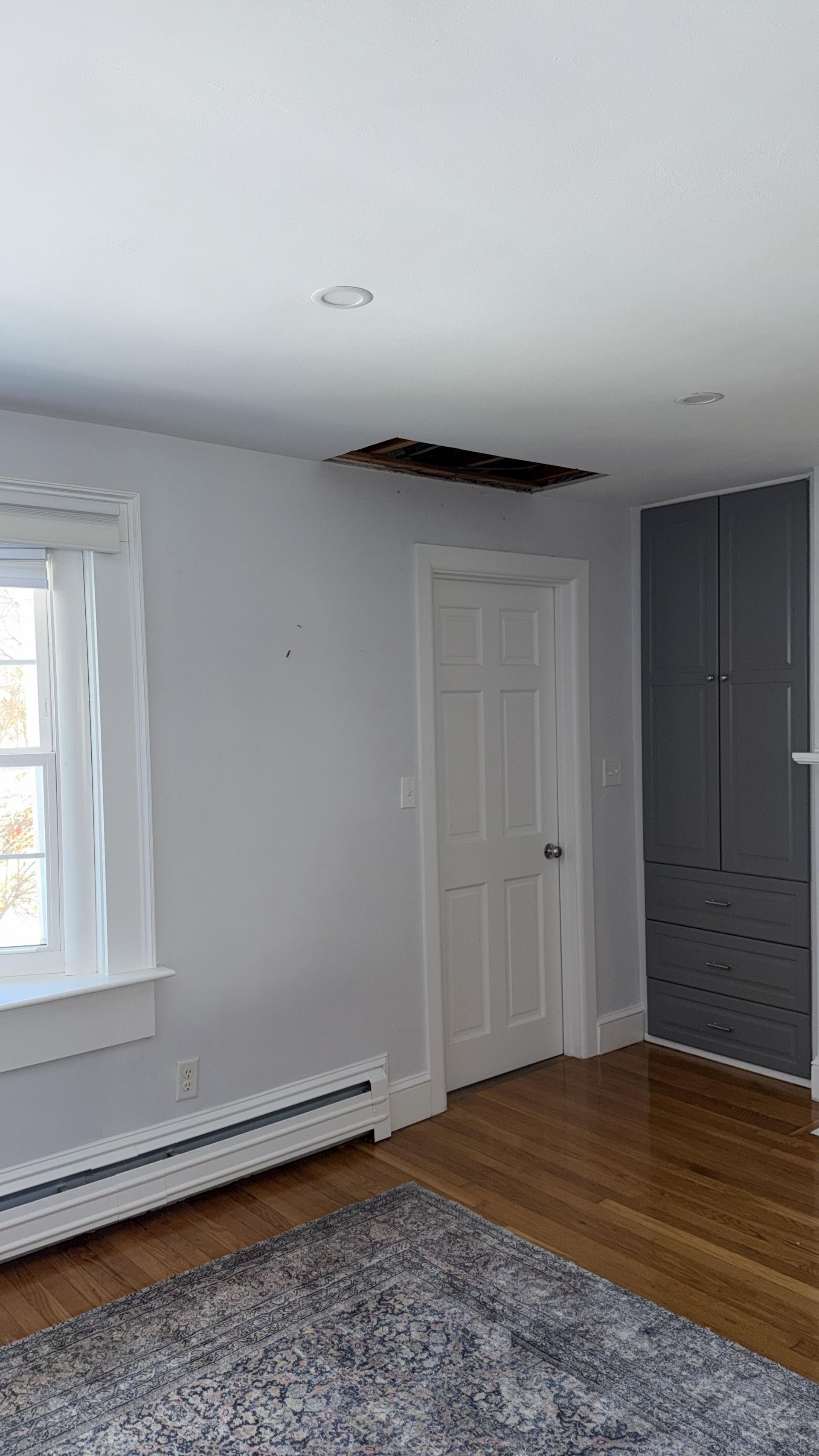 Empty white room with hardwood floor, window, gray rug, closet doors, and ceiling damage above the door