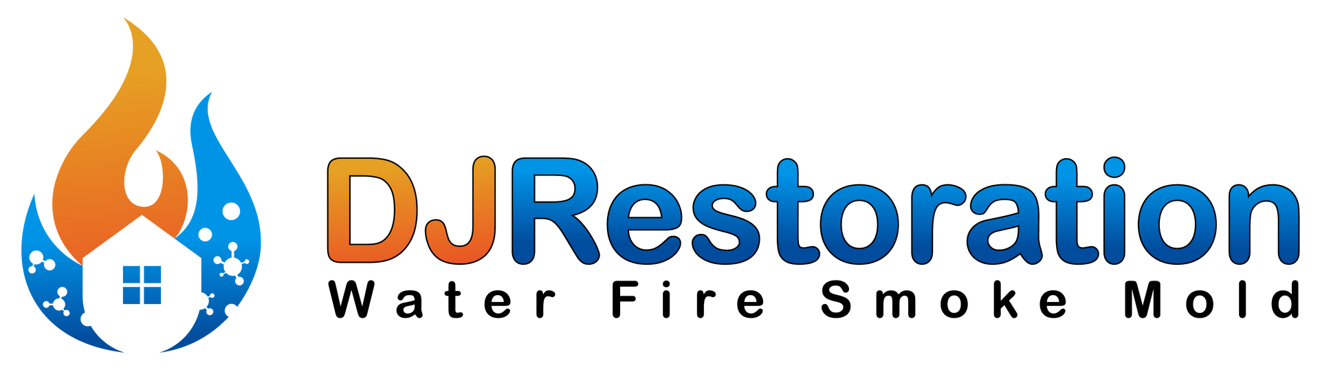 DJRestoration logo with orange flame and blue house icon, text: “Water Fire Smoke Mold”