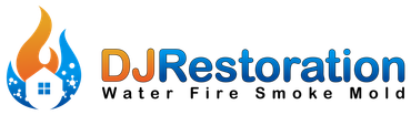 DJRestoration logo with orange flame and blue house icon, text: “Water Fire Smoke Mold”